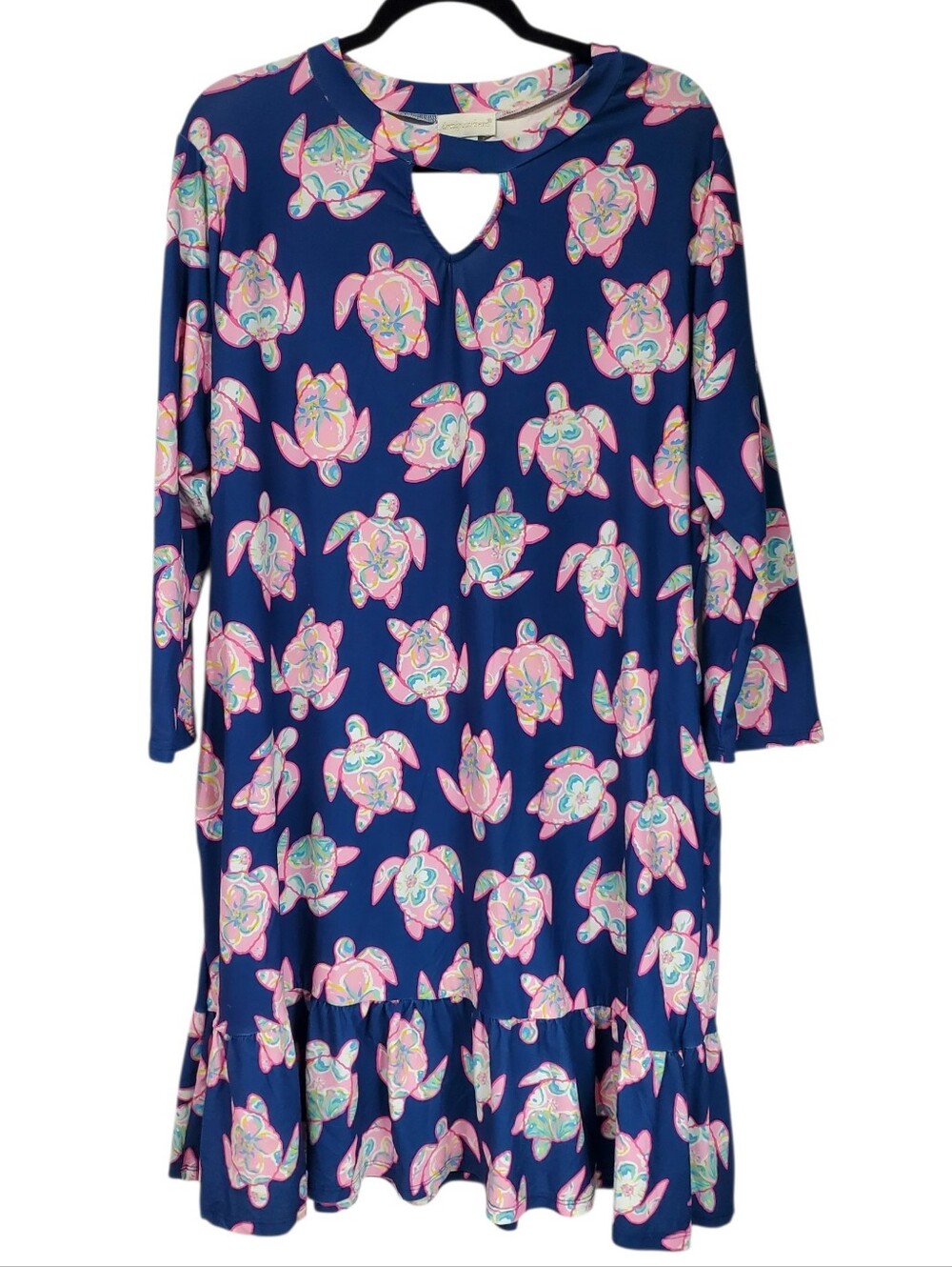 Preppy Turtle Print Stretch Knit Dress Size XXL Pockets Keyhole Cruise Beach